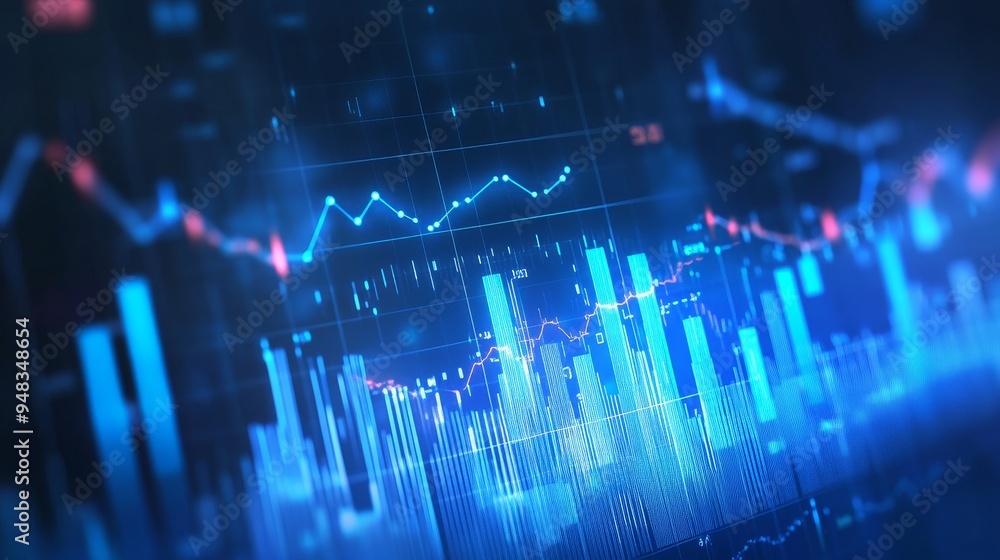 An abstract financial graph with blue and white bars and lines depicting an upward trend. It symbolizes growth, progress, and positive market performance. An abstract financial graph with blue and white bars and lines depicting an upward trend. It symbolizes growth, progress, and positive market performance.