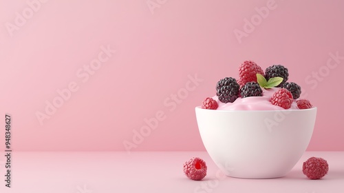 Organic yogurt, creamy texture and fresh berries, 3D illustration photo