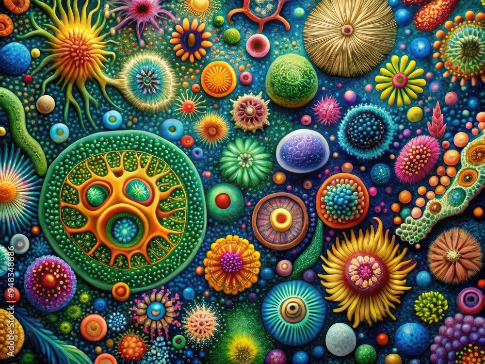 Biomorphic Tapestry: Microscopic bacteria in vibrant abstract patterns, ethereal and otherworldly. Biomorphic Tapestry: Microscopic bacteria in vibrant abstract patterns, ethereal and otherworldly.