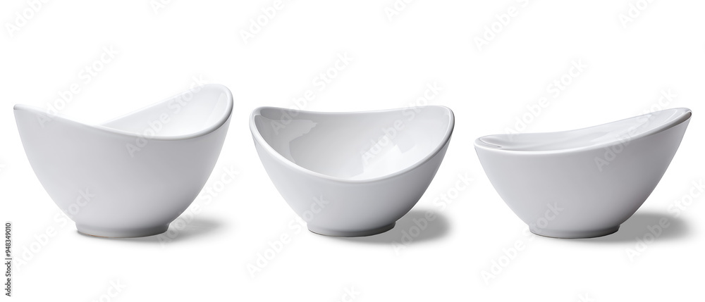 Three white ceramic bowls of varying sizes.