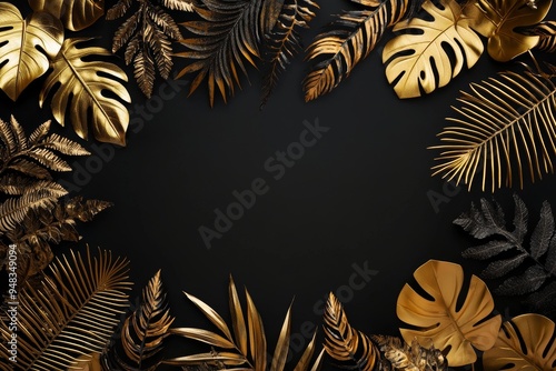 An abstract summer jungle pattern with gold and green tropical palm leaves. Copy space within a white paper frame.