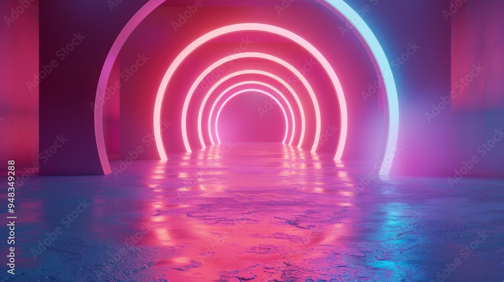 Naklejka premium A vibrant Neon Tunnel with striking reflections that captivate the eye with their beauty