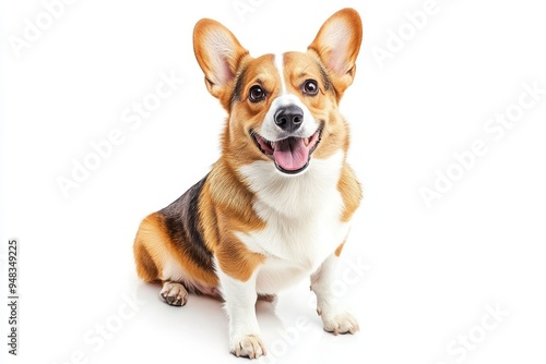 Photograph of a white background with a Welsh corgi breed dog sitting on it