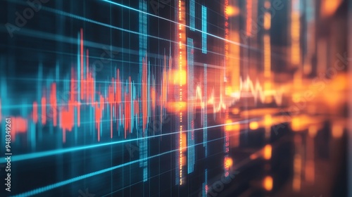 Wallpaper Mural An abstract representation of stock market data, featuring fluctuating lines, glowing data points, and a sense of depth, symbolizing financial growth, market volatility, and the ever-changing nature o Torontodigital.ca