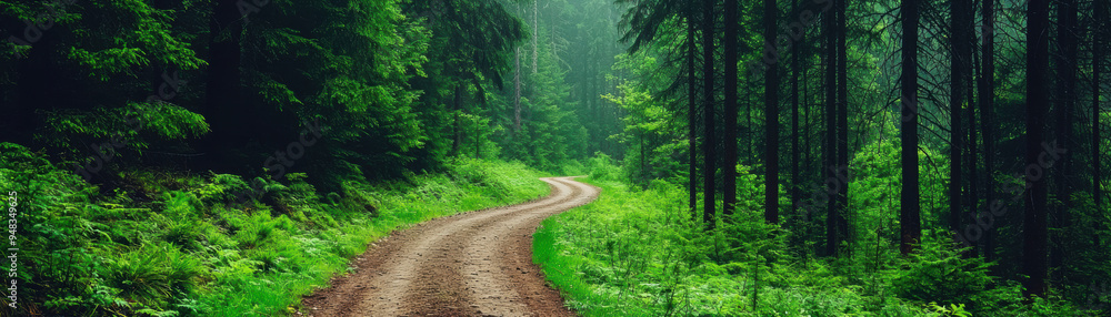 A serene dirt path winding through a lush green forest with towering trees, creating a peaceful and tranquil natural scene perfect for outdoor exploration.