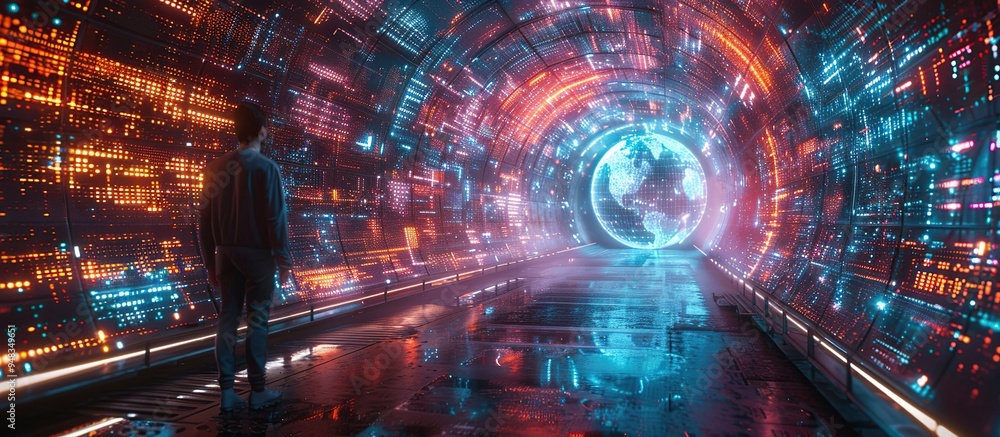 A woman stands in a futuristic digital tunnel surrounded by glowing data screens and neon lights. AI generated image A woman stands in a futuristic digital tunnel surrounded by glowing data screens and neon lights. AI generated image