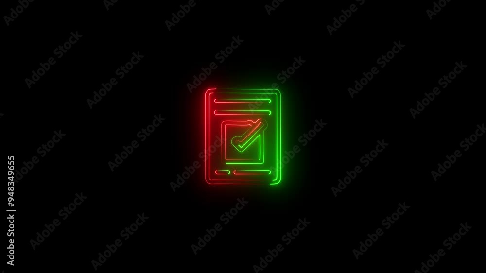 Neon approvement Icon. neon quality Check Icon, Checklist Framework. Animation of a clipboard with document paper listing and adding tick check mark icon.
Neon approvement Icon. neon quality Check Icon, Checklist Framework. Animation of a clipboard with document paper listing and adding tick check mark icon.