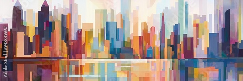 Painting of skyscrapers in an abstract style. Cityscape panorama.