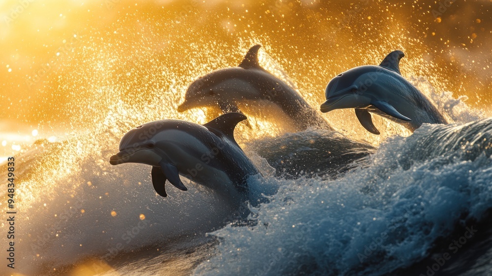 Fototapeta premium Dolphins leaping through the waves at sunset