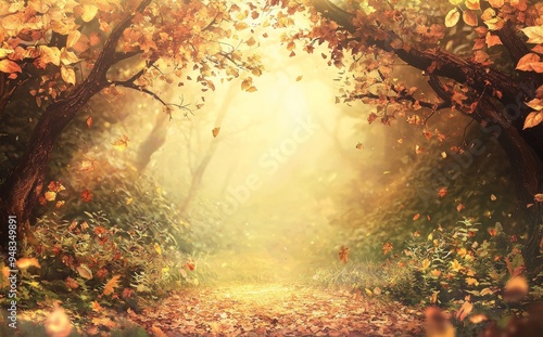 Autumn landscape with yellow trees and the sun. Colorful foliage in a park. Falling leaves in the background. Concept for autumn.