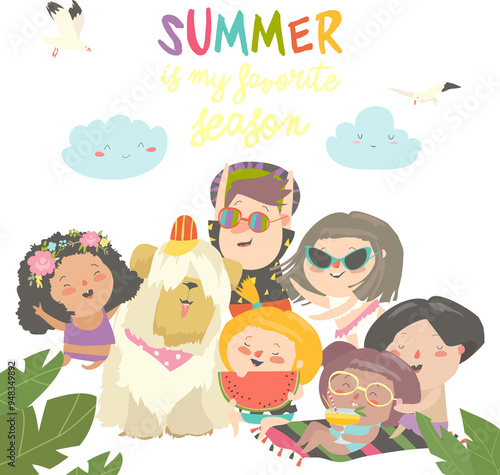 Summer travel. Happy kids traveling summer in exotic place and relax at sea