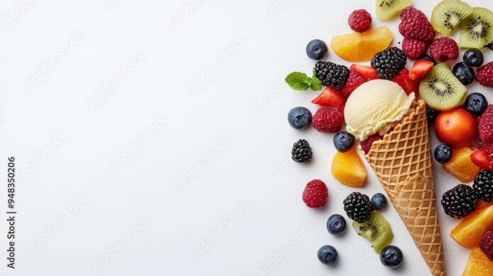 A single scoop of vanilla ice cream in a waffle cone surrounded by fresh fruit, including strawberries, raspberries, blueberries, blackberries, kiwi, and peach slices, on a white background. A single scoop of vanilla ice cream in a waffle cone surrounded by fresh fruit, including strawberries, raspberries, blueberries, blackberries, kiwi, and peach slices, on a white background.