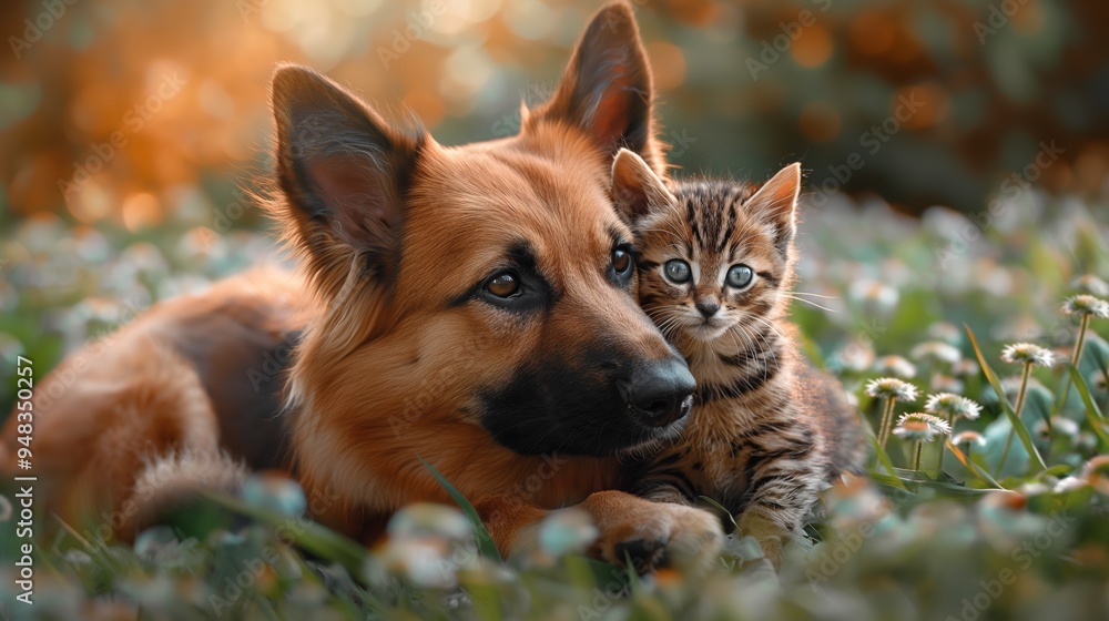 Naklejka premium Ginger dog and tabby kitten cuddling in a flowery meadow