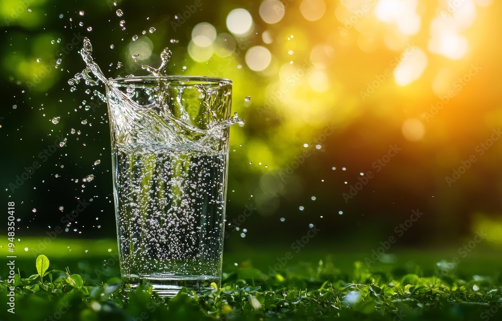 In the background, sunlight and a natural green background are blurred, while drinking water pours into a glass. Selected focus blurred background. In the background, sunlight and a natural green background are blurred, while drinking water pours into a glass. Selected focus blurred background.