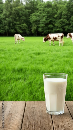 A selection of diverse milk products is artfully arranged on a rustic wooden table, complemented by a backdrop of cows grazing in a lush pasture