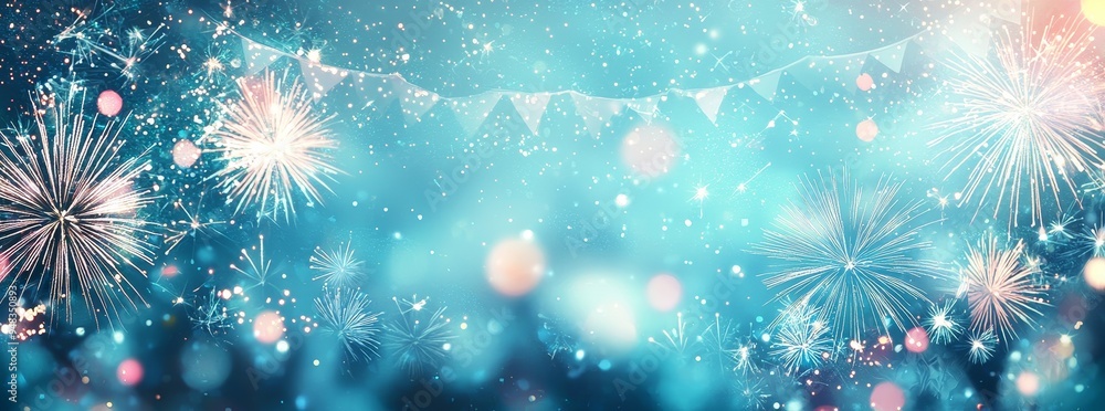 Fototapeta premium Sylvester fireworks on dark blue background with sparks, colorful images