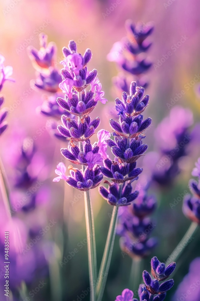 Fototapeta premium Beautiful purple lavender flowers in a field, blurred background of natural flowers, and out of focus background with green bokeh from a nature garden at sunset