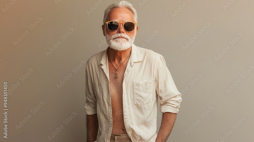 An older gentleman stands confidently in a light summer outfit, enjoying a bright day while wearing sunglasses An older gentleman stands confidently in a light summer outfit, enjoying a bright day while wearing sunglasses