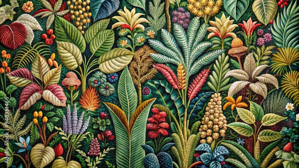 Fototapeta premium Botanical Tapestry: Intricate leaf patterns, floral motifs, lush textures, organic shapes, vibrant hues