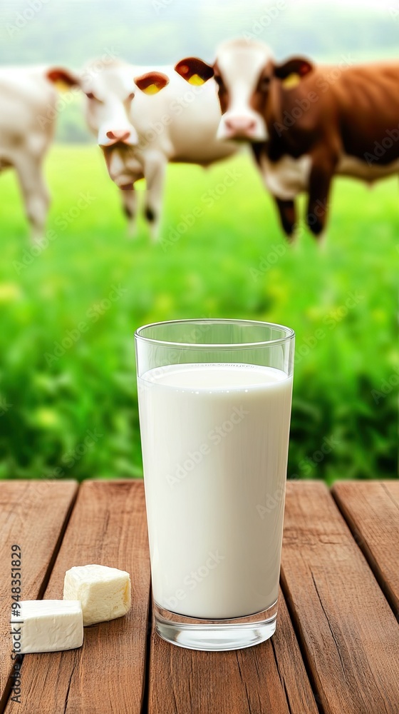 A selection of diverse milk products is artfully arranged on a rustic wooden table, complemented by a backdrop of cows grazing in a lush pasture A selection of diverse milk products is artfully arranged on a rustic wooden table, complemented by a backdrop of cows grazing in a lush pasture