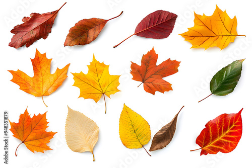 Collection of multicolored fallen autumn leaves isolated on white background