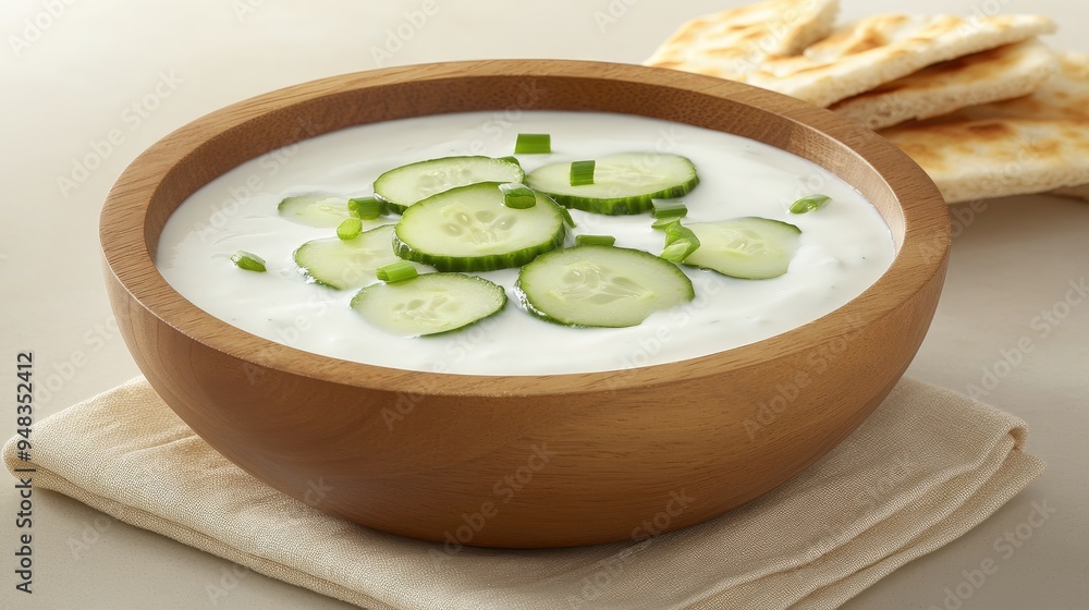Fresh cucumber slices are paired with a smooth cream cheese spread in a wooden bowl, complemented by crunchy grissini on a lovely beige kitchen table Fresh cucumber slices are paired with a smooth cream cheese spread in a wooden bowl, complemented by crunchy grissini on a lovely beige kitchen table