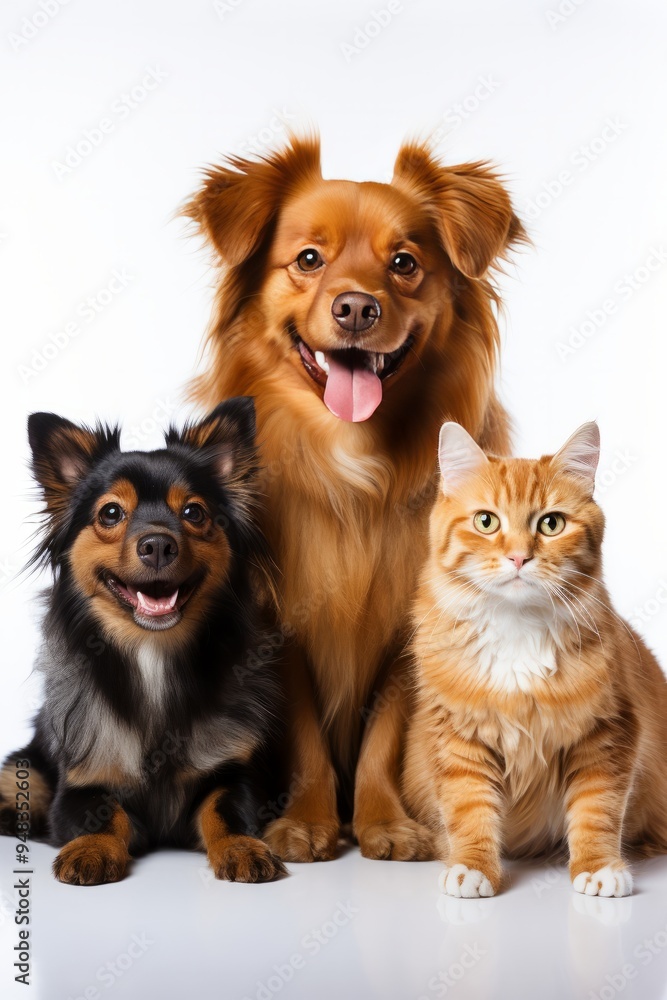 Fototapeta premium Happy dogs and a cat sit together, showcasing their friendship and joy against a clean white background in a bright studio setting