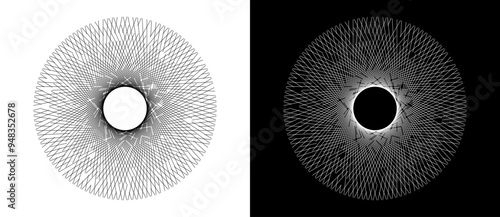 Art sun concept background. Icon template or logo with lines. Black shape on a white background and the same white shape on the black side.