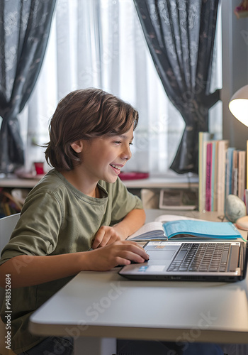 Child homeschooling in front of computer at a desk