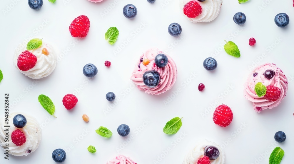 A flat lay of small pink and white meringue desserts decorated with blueberries, raspberries, and mint leaves on a white background. A flat lay of small pink and white meringue desserts decorated with blueberries, raspberries, and mint leaves on a white background.
