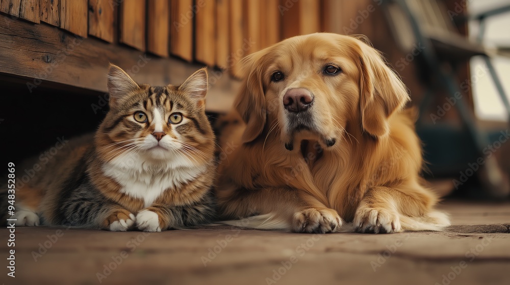 Golden retriever and tabby cat resting on the ground. Golden retriever and tabby cat resting on the ground.