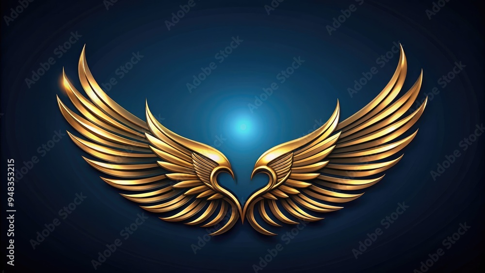 Obraz premium Brilliant gold wing emblem with intricate feather details and smooth curves, set against a contrasting dark blue background, exudes power, freedom, and luxury.