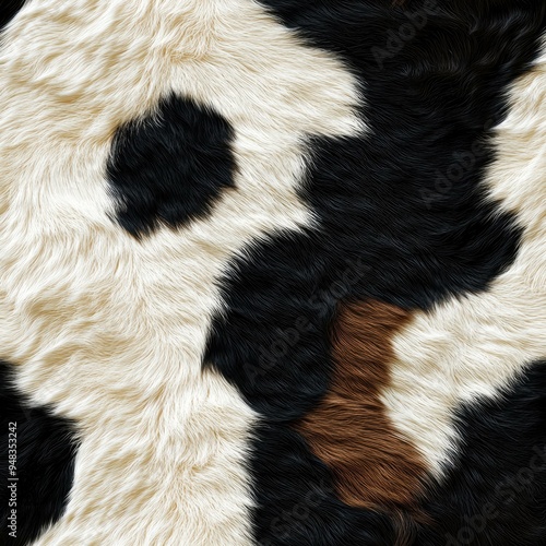 A close-up of a tricolor cowhide pattern featuring black, white, and brown patches suitable for backgrounds, textiles, and decor themes emphasizing rustic and natural aesthetics,