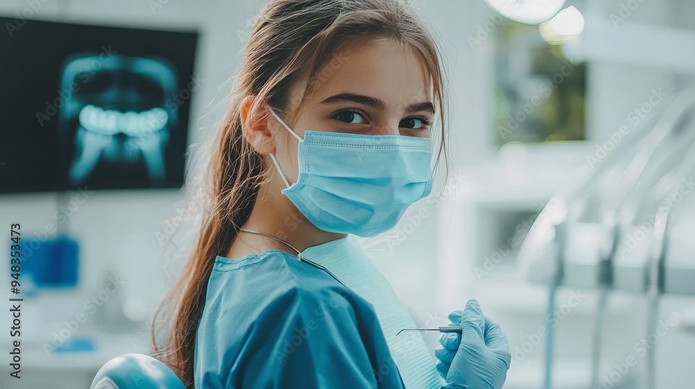 A child dentist wearing a mask and gloves, performing a check-up in a bright dental office A child dentist wearing a mask and gloves, performing a check-up in a bright dental office