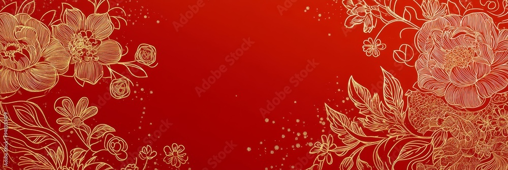 This image features a delicate and elegant floral design in gold against a vibrant red background. The intricate outline of the flowers and leaves creates a beautiful and sophisticated aesthetic. The This image features a delicate and elegant floral design in gold against a vibrant red background. The intricate outline of the flowers and leaves creates a beautiful and sophisticated aesthetic. The