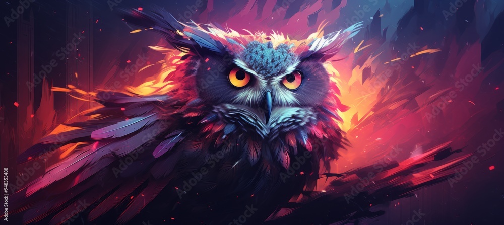 A vibrant and fierce owl perched amidst fiery colors in a mystical forest at twilight A vibrant and fierce owl perched amidst fiery colors in a mystical forest at twilight