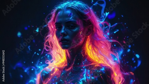 A woman is painted in neon colors and is surrounded by fire