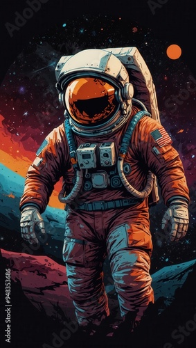 An Astronaut in a space suit is walking on a rocky surface