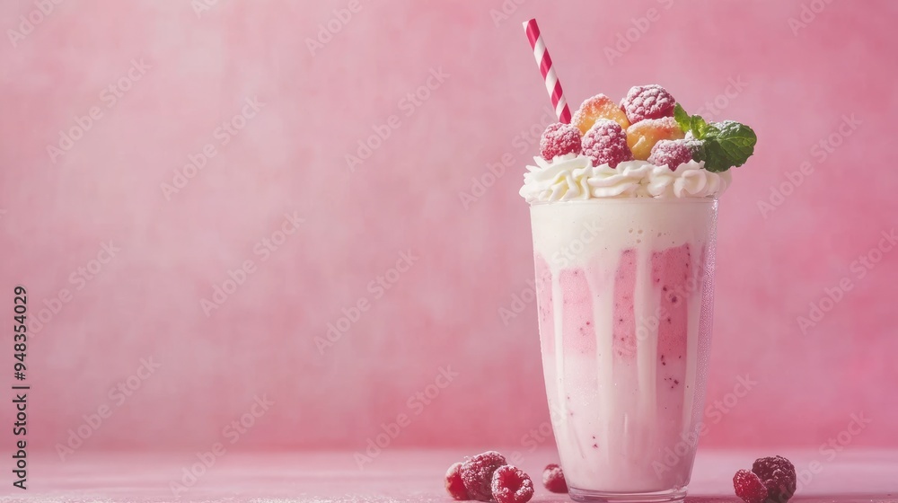 A tall glass of pink milkshake with whipped cream, raspberries, a donut, and a red and white straw on a pink background. A tall glass of pink milkshake with whipped cream, raspberries, a donut, and a red and white straw on a pink background.