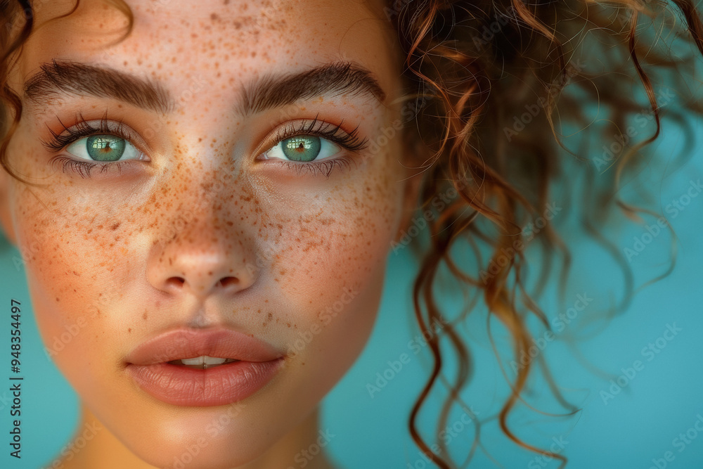 White model with natural beauty makeup accentuating her freckles and green eyes, with curly hair softly framing her face against a vibrant background White model with natural beauty makeup accentuating her freckles and green eyes, with curly hair softly framing her face against a vibrant background