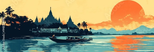 This vibrant travel poster captures the serenity of a sunset over a river in Southeast Asia. A traditional longtail boat glides on the water, reflecting the orange glow of the setting sun. The silhoue photo