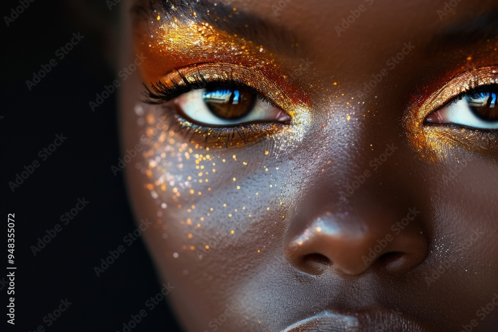 Golden glitter makeup shines on a Black model during a photoshoot, bold portrait against blank background for advertisement Golden glitter makeup shines on a Black model during a photoshoot, bold portrait against blank background for advertisement