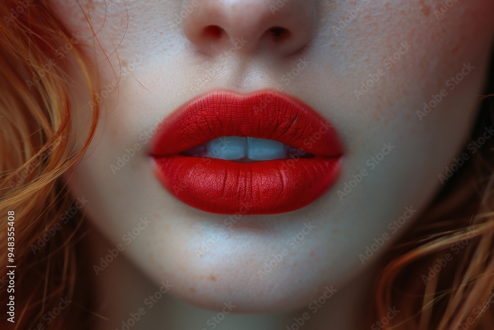Close-up of perfectly applied red lipstick on elegant young model with wavy red hair Close-up of perfectly applied red lipstick on elegant young model with wavy red hair