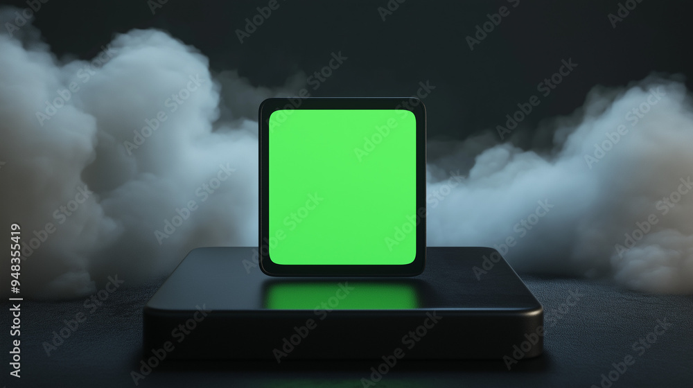mockup 3D smart tablet with blank green screen standing on podium, black background with light smoke mockup 3D smart tablet with blank green screen standing on podium, black background with light smoke