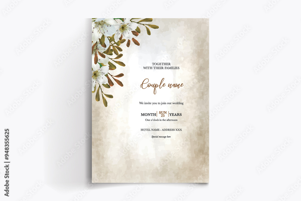 WEDDING INVITATION FRAME WITH FLOWER DECORATIONS WITH FRESH LEAVES WEDDING INVITATION FRAME WITH FLOWER DECORATIONS WITH FRESH LEAVES