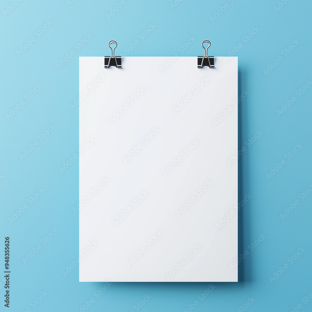 Mock up, White poster hanging on a small clip, clean green wall background Mock up, White poster hanging on a small clip, clean green wall background