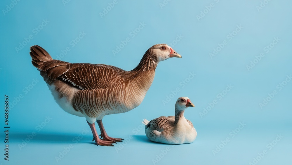 Two ducks are standing on a blue background Two ducks are standing on a blue background