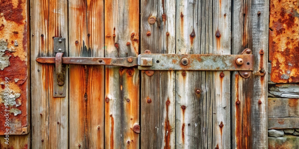 Rustic barn door with peeling paint and rusted hinges, revealing a glimpse of the interior Rustic barn door with peeling paint and rusted hinges, revealing a glimpse of the interior