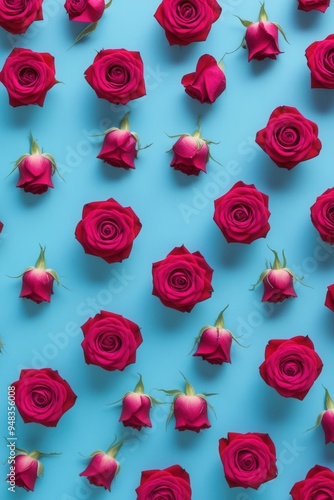 A blue background with a bunch of red roses scattered all over it