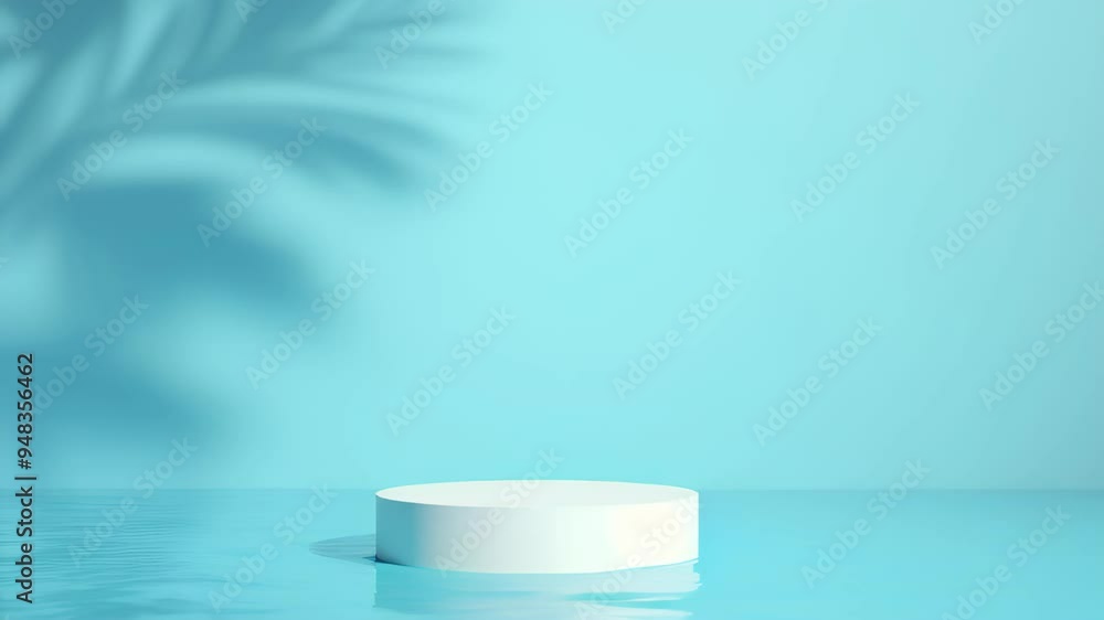 Podium on blue background with palm tree shadow animation, water animation Podium on blue background with palm tree shadow animation, water animation